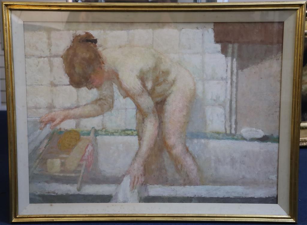 § Bernard Dunstan (1920-2017) Portrait of the artists wife, Diana Armfield, stepping out of a bath 26.5 x 37in.